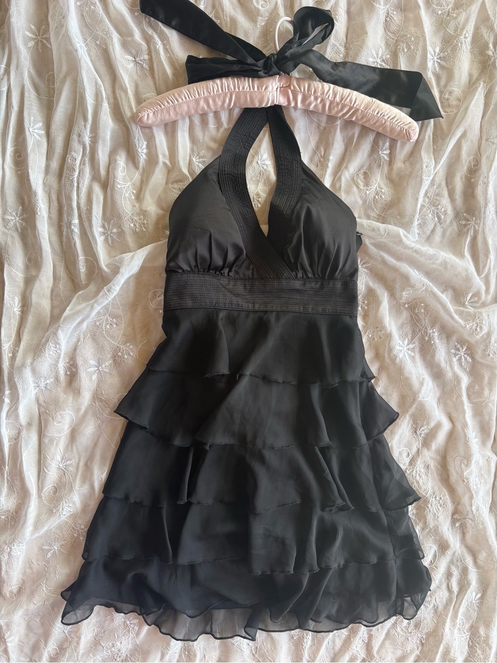Black Halter Ruffle Cocktail / Event Dress with Bow
